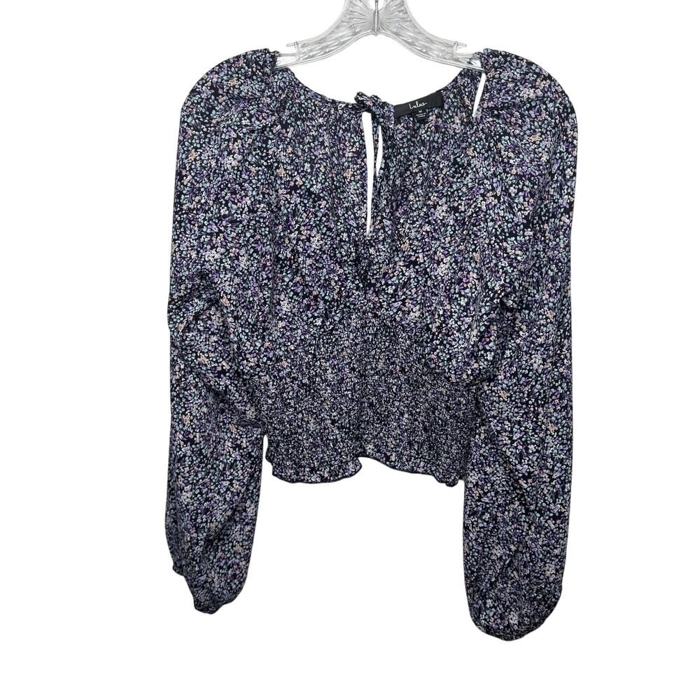 Lulus Black Purple Floral Smocked Peasant Blouse Size M ‎ Boho Crop Top
